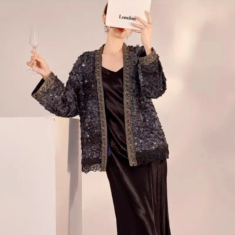 

Высокое качество, осеннее новое свободное элегантное женское пальто с v-образным вырезом и вышивкой бисером + кружево с блестками в стиле ретро, S-L
