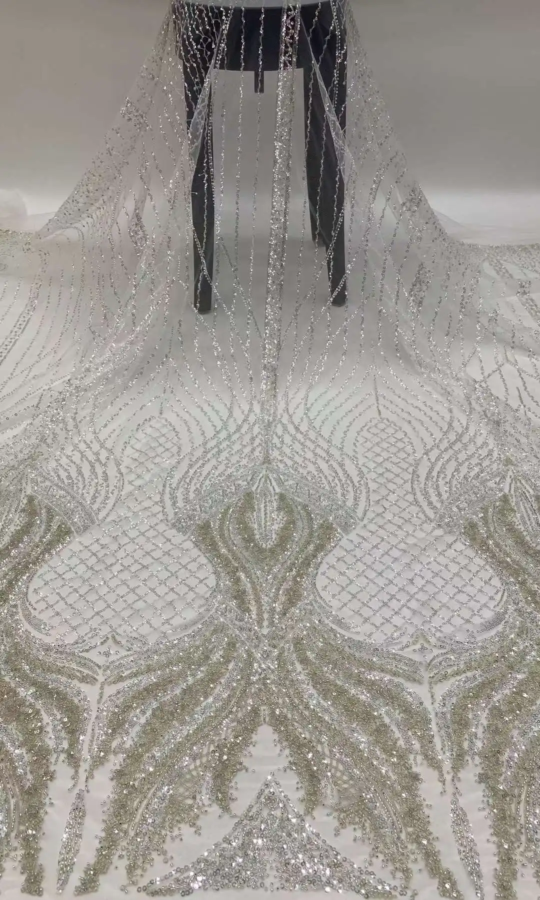 

High Quality 12JRB-8506 Top Selling Sequins Pearls French Net Fabric Embroidered Mesh Lace for Lady Wedding or Party Nice Dress