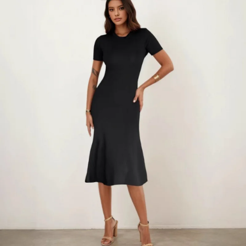 ヨーロッパとアメリカの夏のカジュアルでエレガントな新しいラウンドネック半袖Aラインドレス