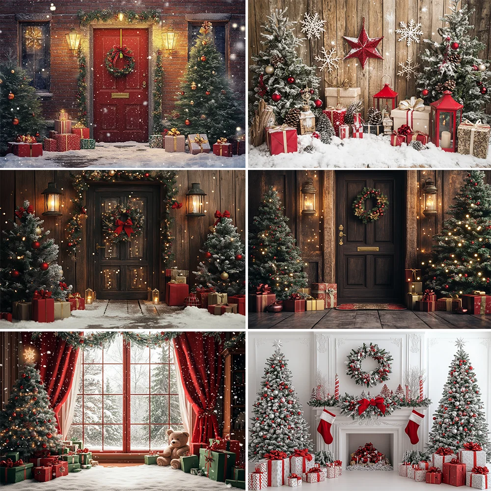 

Photography Background Christmas Tree Door Garland Window Decoration Backdrop Family Xmas Holiday Party Prom Studio