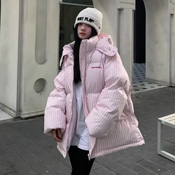 Overcoat 2025 New Fashion Temperament Striped Warm Hooded Women's Quilted Cotton Coat Winter Loose Casual Women Cotton Coat H250