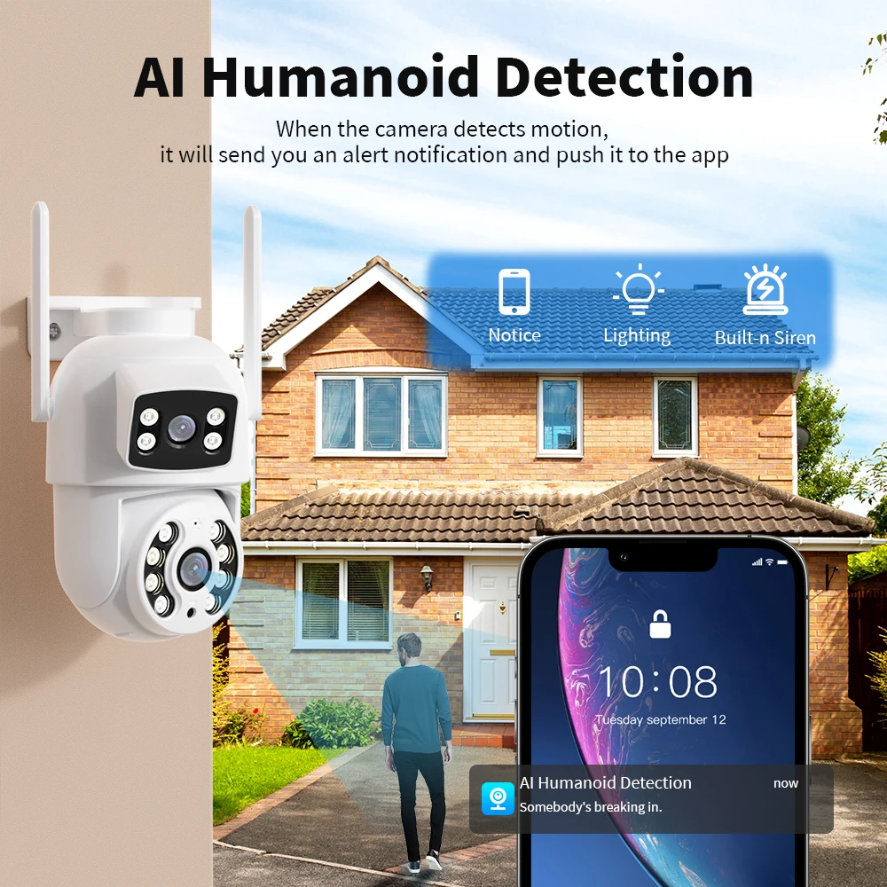 Cámara de vigilancia en exterior de 8MP, lente Dual, pantalla Dual, seguimiento automático AI, vídeo IP, Wifi, PTZ, CCTV, Audio bidireccional
