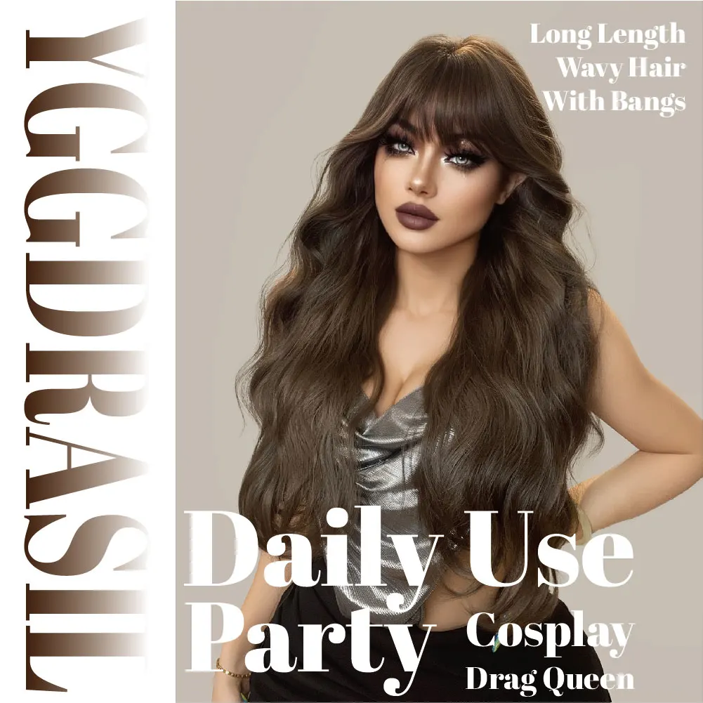 28Inch Halloween Cosplay Sexy Witch Brown Color Synthetic Wigs with Bangs Long Wavy Hair Wig for Women Daily Drag Heat Resistant