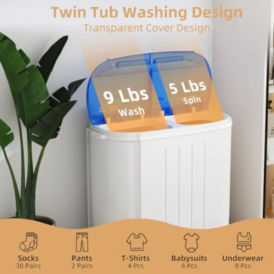 Compact Portable Washing Machine 14Lbs Twin Tub Design for Small Spaces: Semi-Automatic 9Lbs Washer and 5Lbs Spinner Combo Idea
