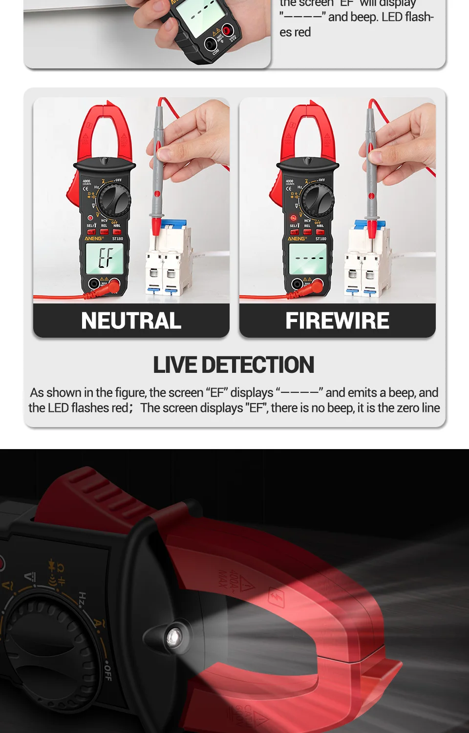 ANENG ST180 AC-Stromzangenmessgerät Digital 4000 Zähler Multimeter Amperemeter Spannungstester Auto Ampere Hz Kapazität NCV Ohm Werkzeug – Detail 9
