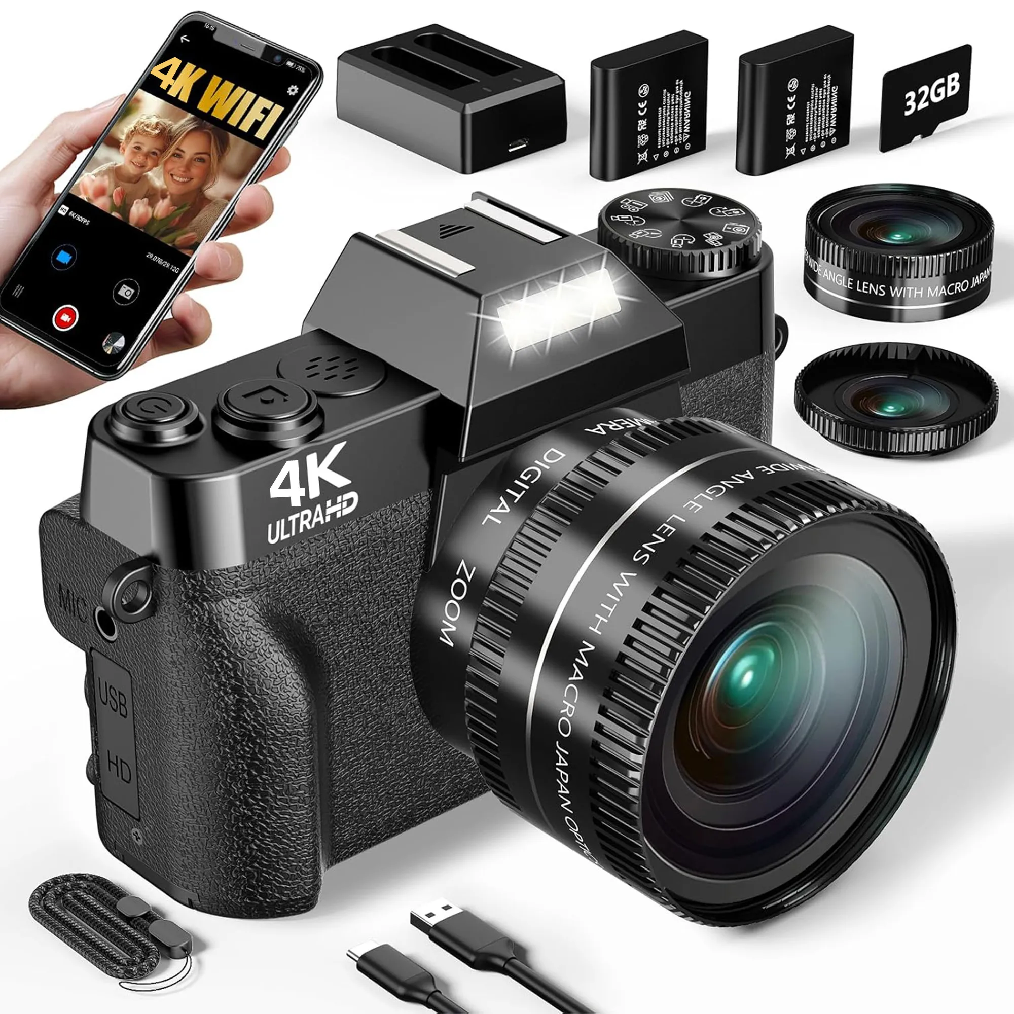 

4K Digital Photography Camera 16X Digital Zoom 64MP Compact Vlog Video Recorder YouTube 180° Flip Screen WiFi Web Cam With Flash