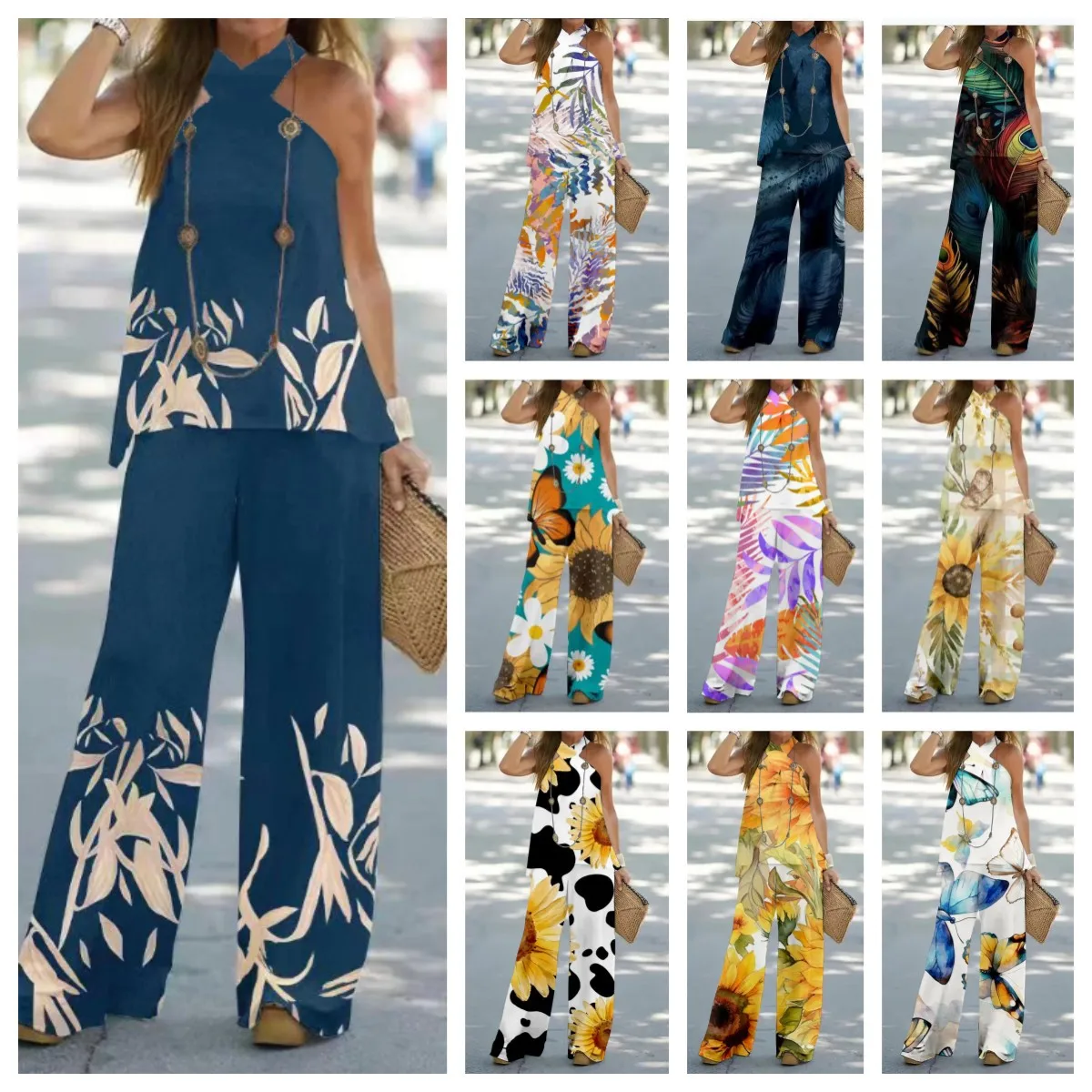 

Patchwork Print Trousers Women Matching Suit Loose Casual Sleeveless Top Pants Outfits Femme Summer Long Pants Two Piece Set