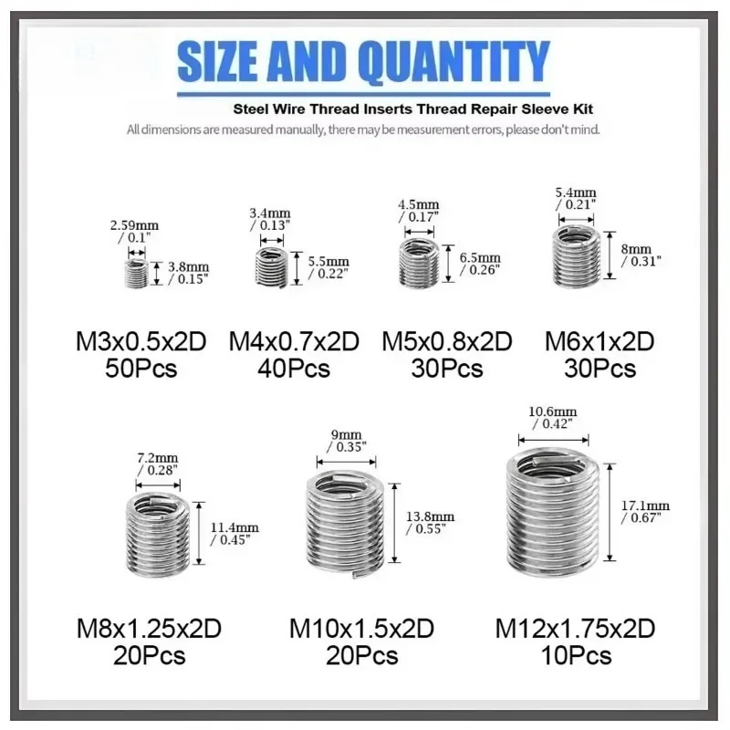 M3 M4 M5 M6 M8 M10 M12 Stainless Steel Screw Sleeve Thread Recovery Set 200pcs Helicoil Threaded Insert Wire Insert Kit
