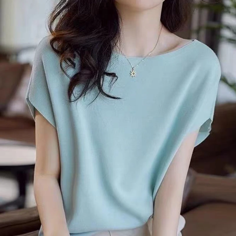 

Sueters De Mujer White Short Sleeve Knitted Sweater Women Pullovers New Summer O-Neck Knit Sweater Pullover Women Tops 2026 E919