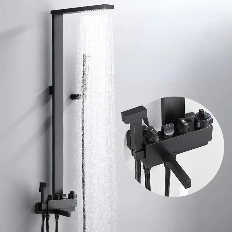 Black Integrated Shower Set Hotel Household Black Square Shower System Constant Temperature Brass Rain Shower Booster Faucet