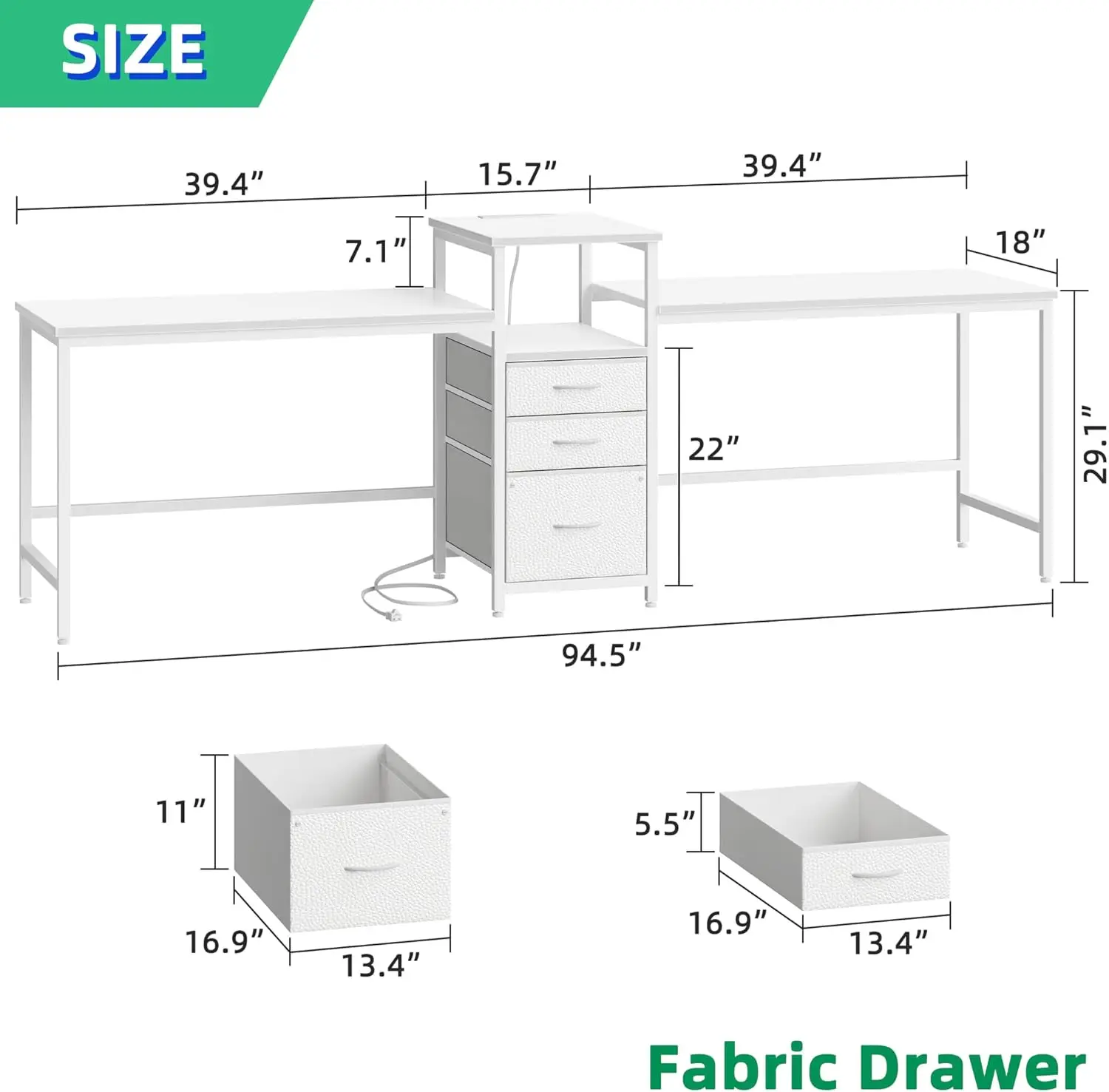 94.5'' Two Person Desk with Charging Station, Long Desk with 3 Fabric Drawers and Printer Shelf, Double Computer Desk, 2 Person