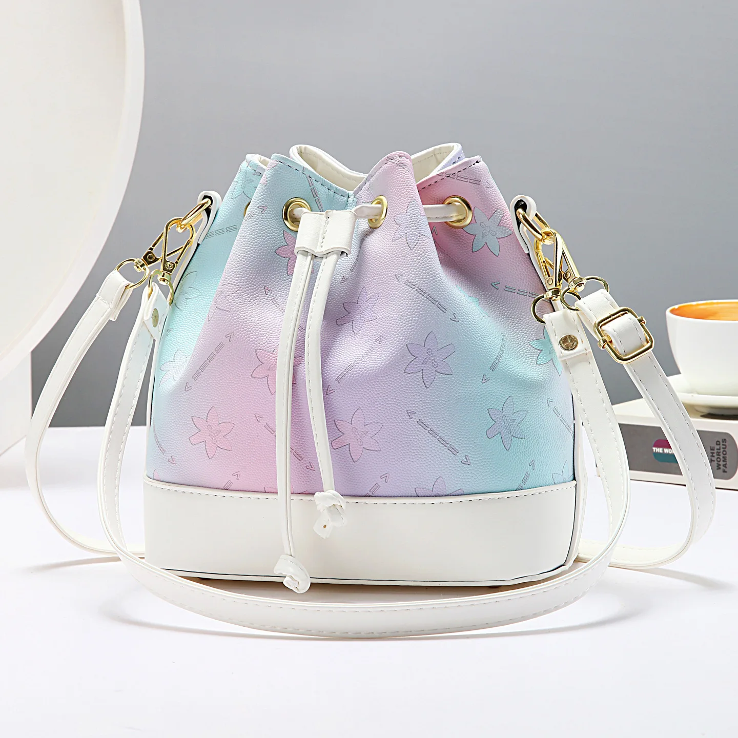 Bolsos de mano para mujer a la moda, Color degradado, arcoíris, gran capacidad, bolso tipo cubo, bandolera