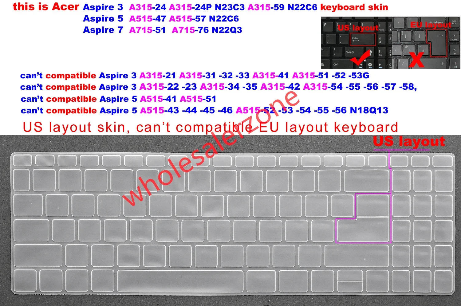 US Keyboard Skin for Acer V15 ANV15-41 ANV15-51,Extensa 15 EX215-23 N23C3,EX215-33,EX215-55 EX215-55G ,EX215-56,Fun N22C6 S50-54