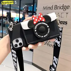 Cartoon Duck Mouse Camera Card Wallet Phone Case for Samsung Galaxy S23 S22 S21 S20 FE S10 S9 S8 Plus S7 S6 Necklace Strap Cover