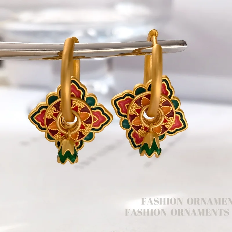 Fashion Jewelry Vintage Temperament Splicing Color Buckle With Enamel Drop Earrings For Girl Women Popular Ear Accessories
