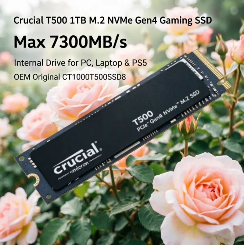 

Crucial T500 1TB M.2 NVMe Gen4 Gaming SSD, Max 7300MB/s, Internal Drive for PC, Laptop & PS5, OEM Original CT1000T500SSD8