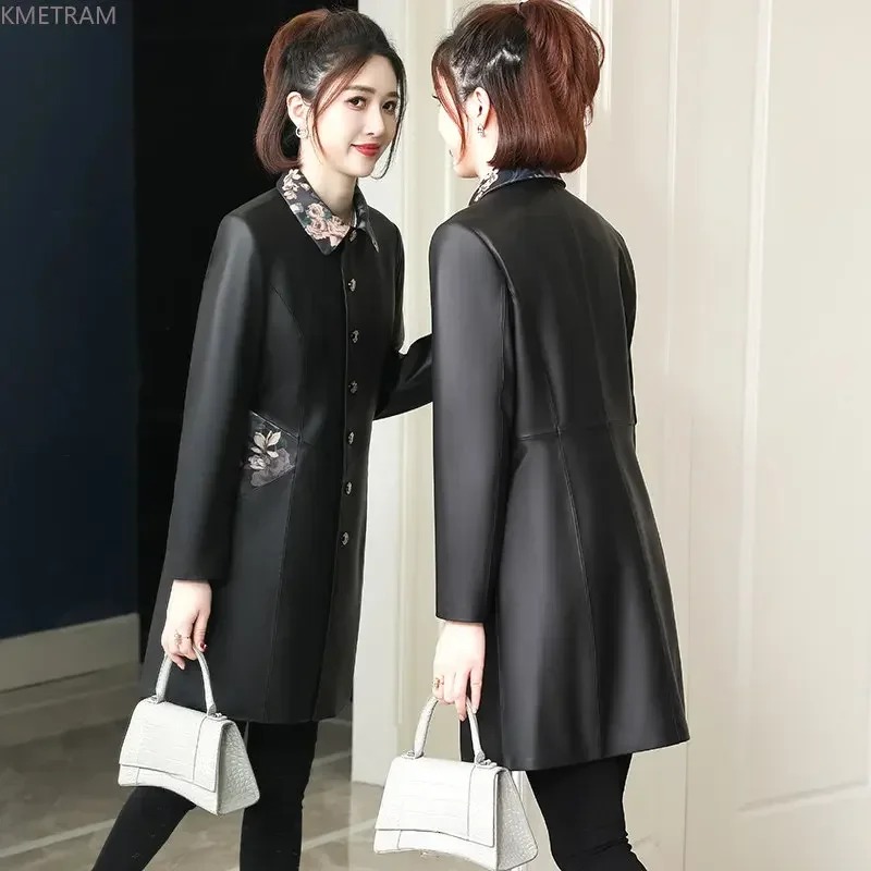 Veste en cuir véritable pour femme, manteau mi-long en peau de mouton véritable, vestes en cuir minces, coupe-vent élégant, revers, 2024