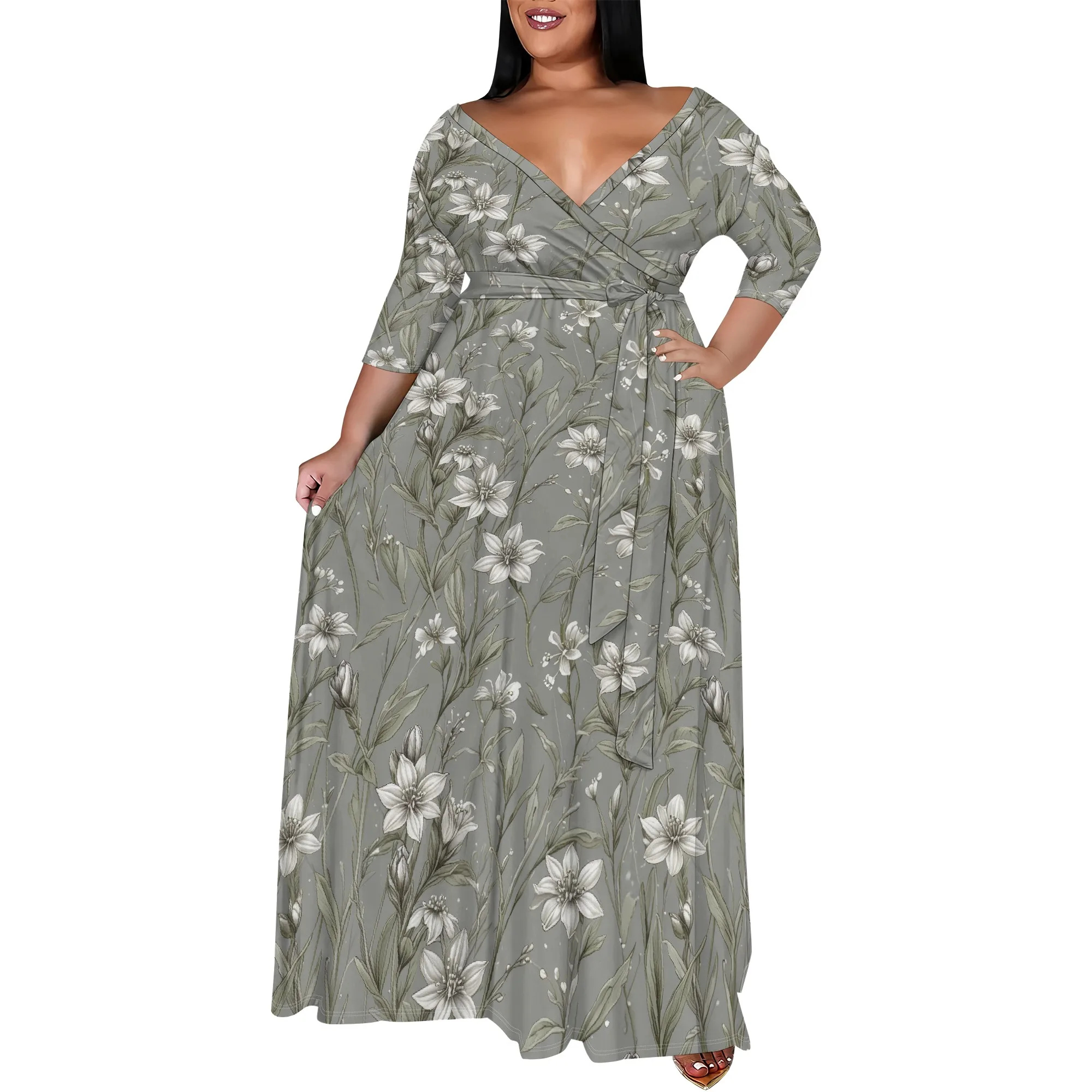 

Women's Plus Size Floral Print Long Dress 3/4 Sleeves V Neck Swing Casual Maxi Dresses with Belt