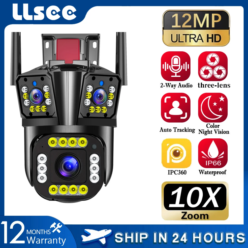 

LLSEE 6K 12MP 10x zoom,three screen 3 lens,WiFi wireless CCTV outdoor waterproof IP camera,360 degree monitoring,pan tilt se