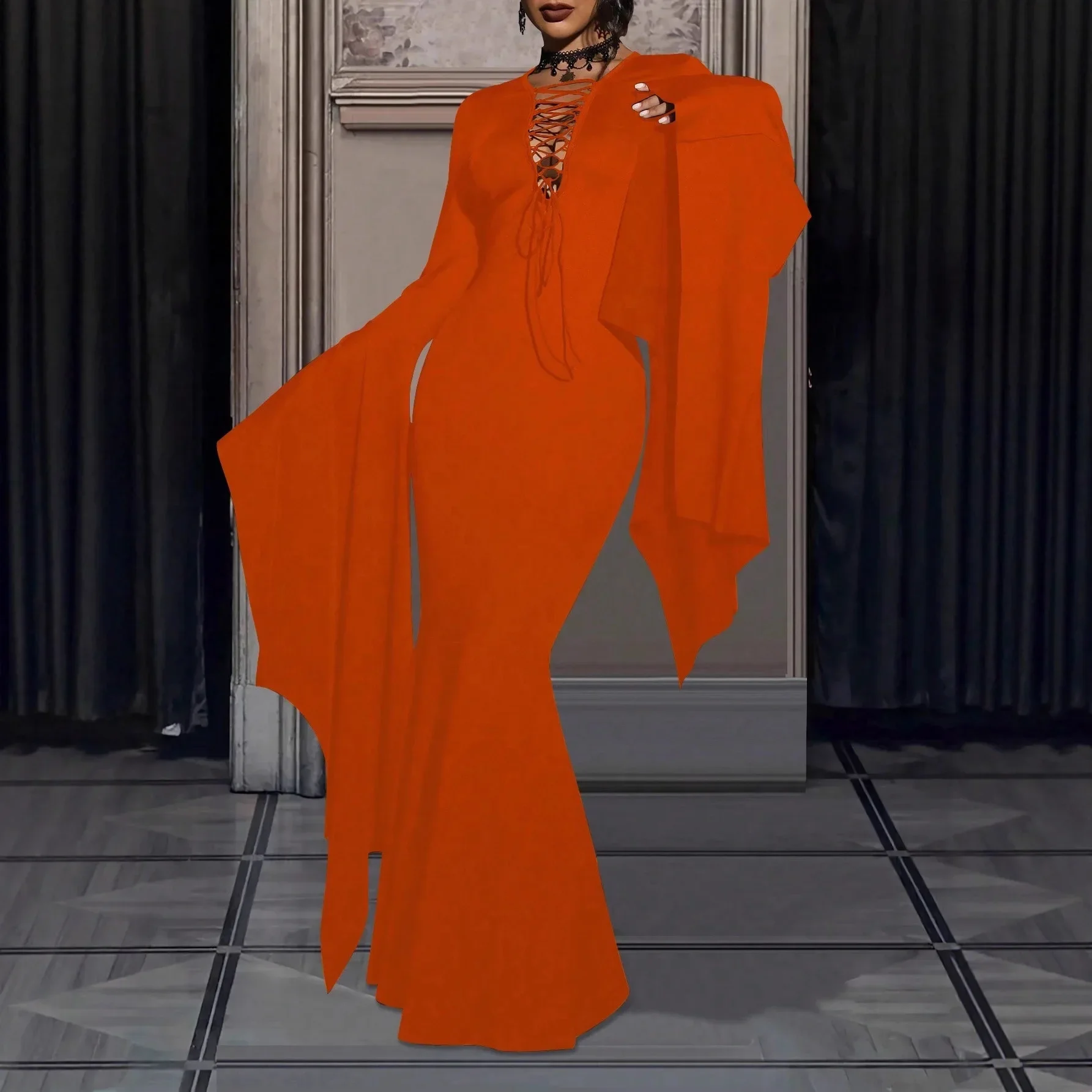 Plus Size Ladies Gothic Cosplay Dress Long Bell Sleeve Lace Front Slim Fit Floor Length Party Dress