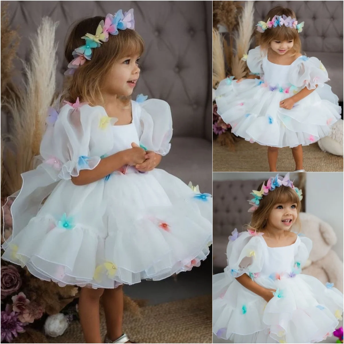 สีสันน่ารักดอกไม้สําหรับงานแต่งงาน 3D ผีเสื้อ Appliques เด็กผู้หญิงวันเกิด Party First Holy Communion Gowns