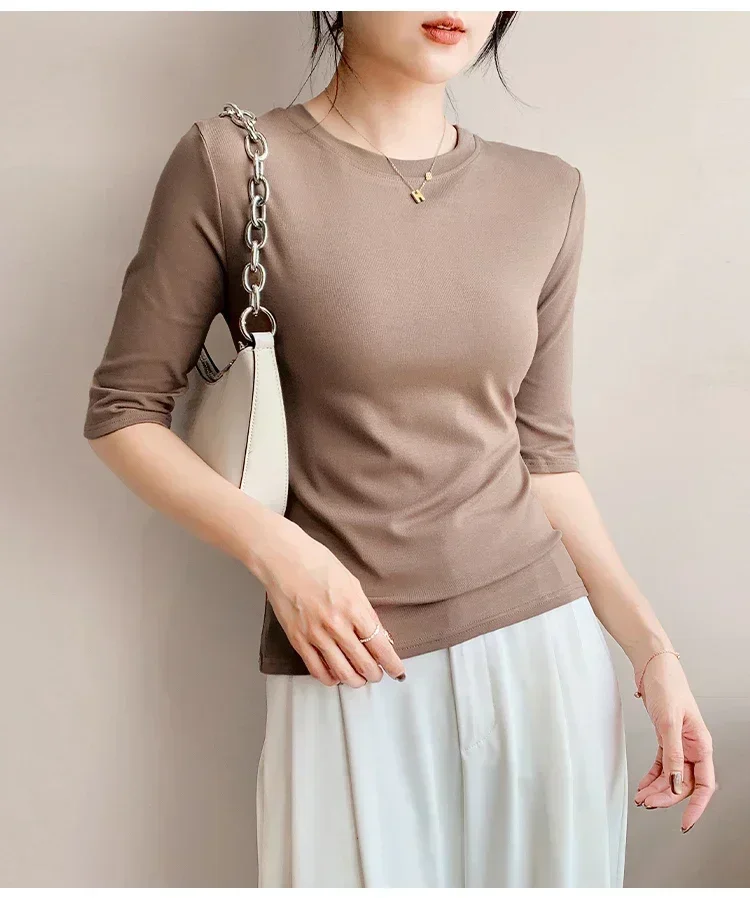 2026 Basic Einfarbiges Kurzarm-T-Shirt mit Rundhalsausschnitt, Eng Anliegend, Sommerliches Casual-Oberteil für Damen, Y2K Vintage Top, Harajuku Streetwear – Detail 28