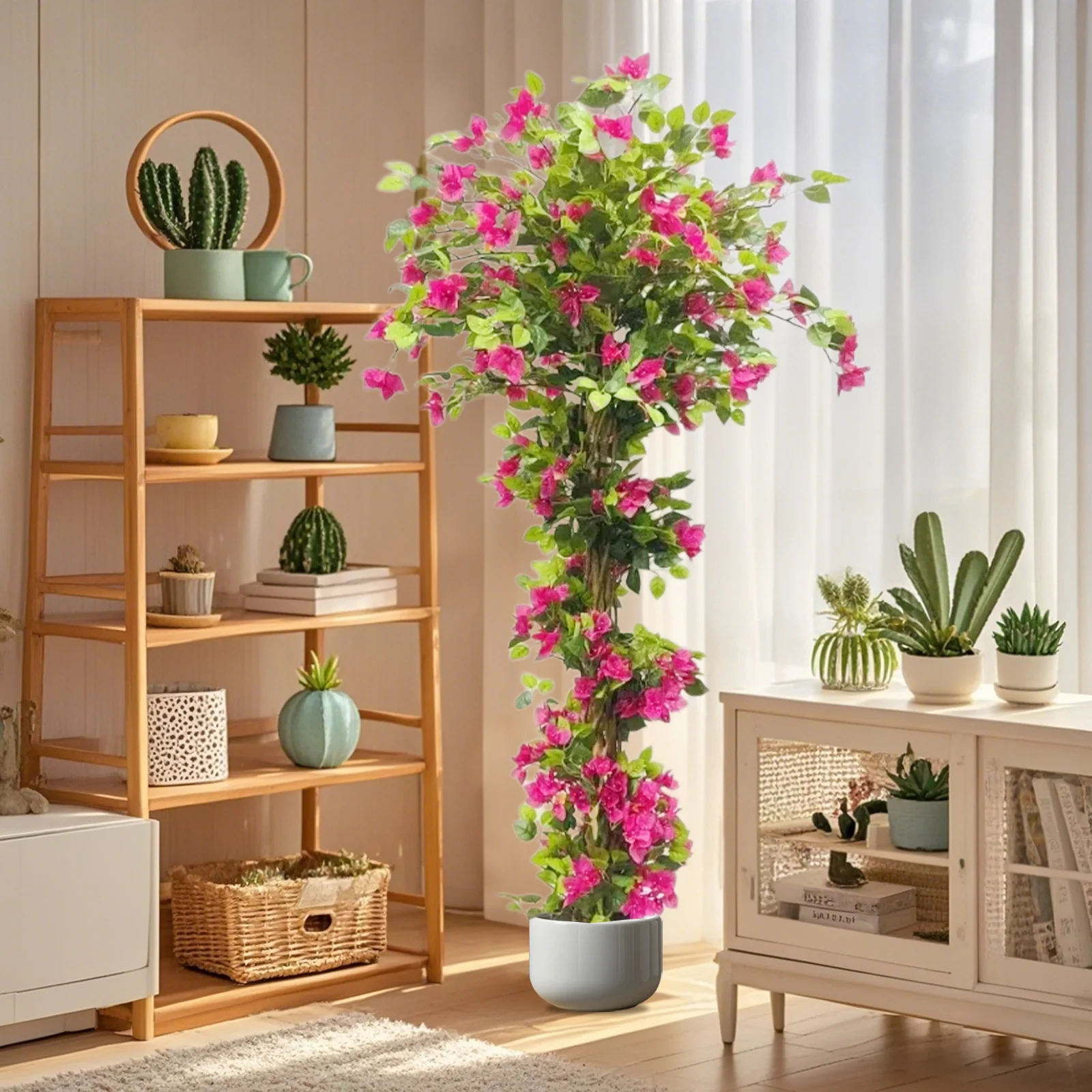 Albero di bougainvillea artificiale Piante finte da 185 cm/210 cm con tronco di legno e fiori rosa per decorazioni per la casa per ufficio interno ed esterno