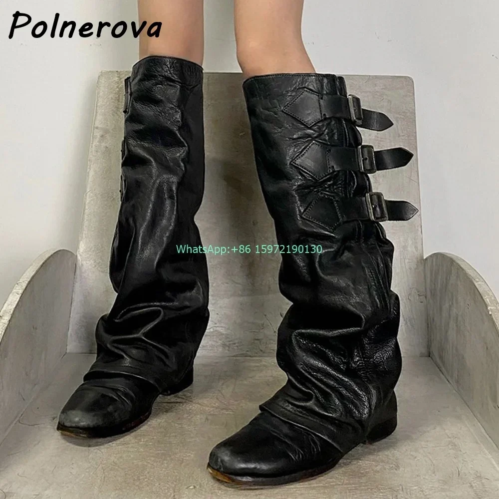 

Soft Black Pleated Knee High Boots Buckle Belt Round Toe Solid Leather Shoes Sexy Hotties Fashion Loose and Comfortable Shoes