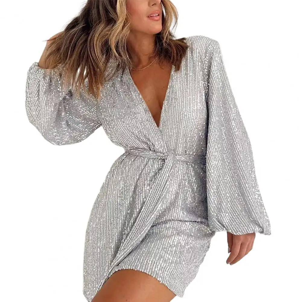 Sequined Long Sleeve Romper Sequin Belted V Neck Women's Romper with Lantern Sleeves for Club Party Tight Waist Above Knee