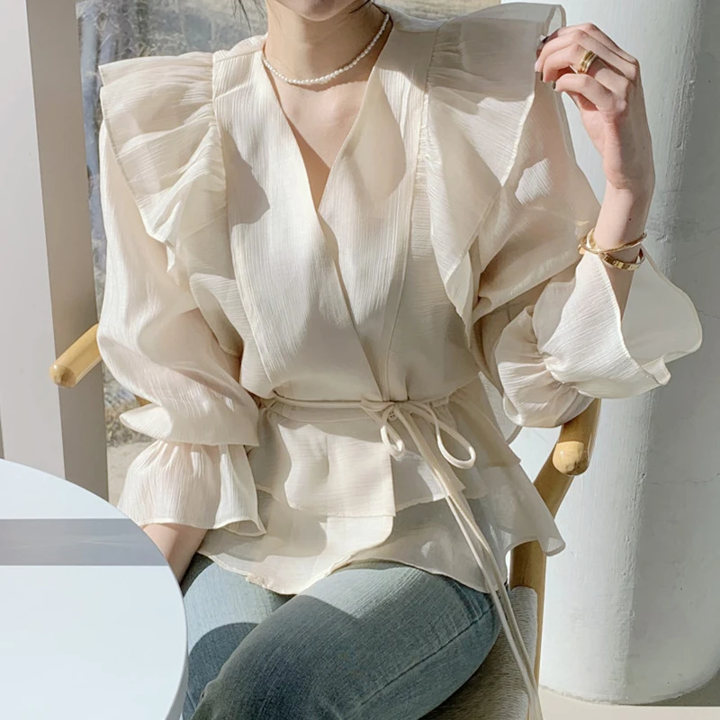 

V Neck Buttons Lace-Up Shirts Women Thin Summer Blouse Ruffles Elegant Tops Blouse 2024 New Korean Fashion Office Tops Shirts