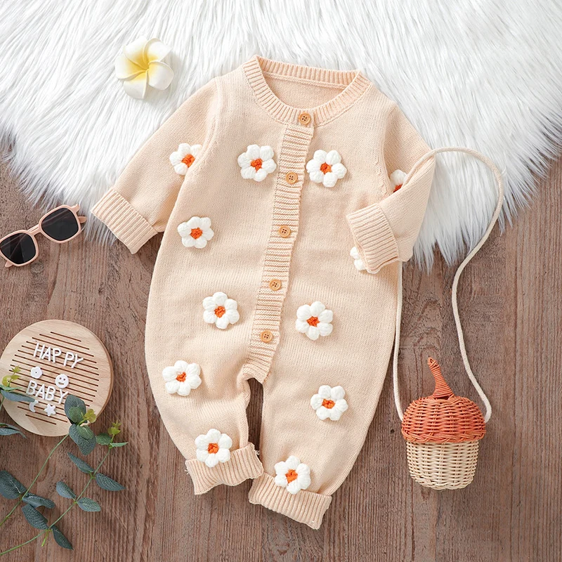 Baby Rompers Long Sleeve Autumn Infant Girl Jumpsuit Fashion Cute 3D Florals Newborn Kid Clothes 0-18M Knit Overalls Warm Winter