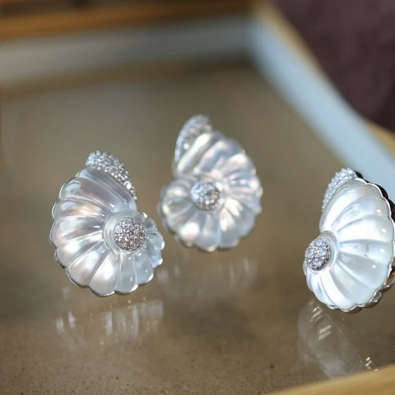 BELLUX Pure Silver Artificial Gemstone White Crystal Shell Carving Conch Ring Earrings Fashion Fine Jewelry Set