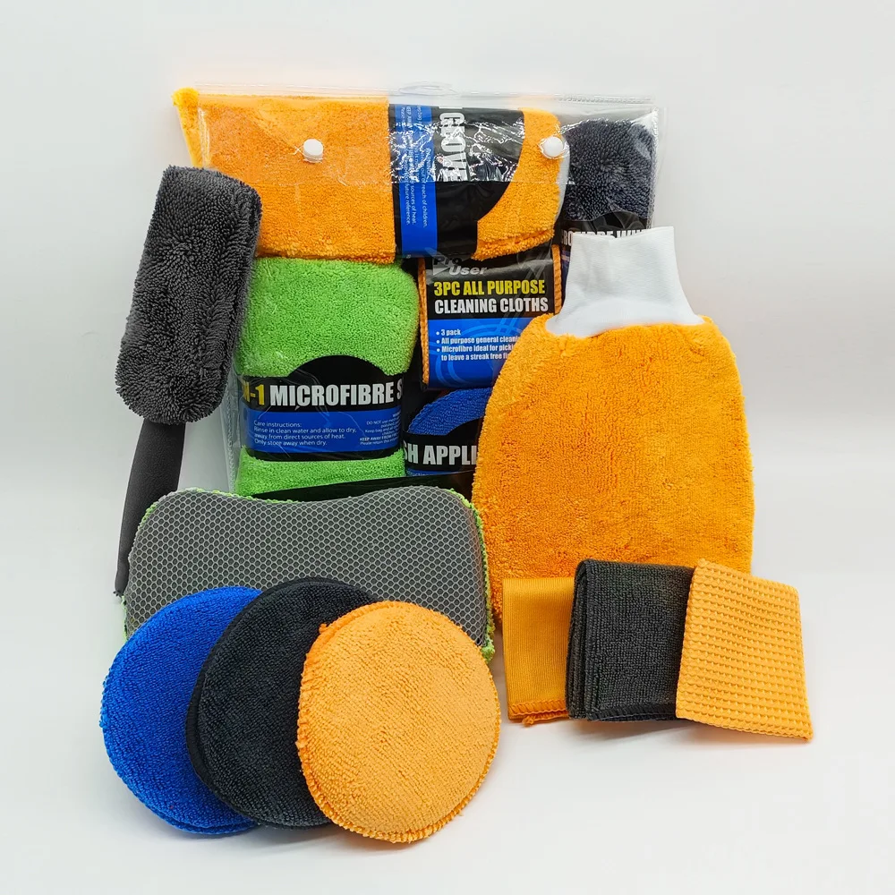 

9pcs Car Wash Cleaning Kits Microfiber Towels Blush Sponge Wash Glove Polish Care Applicator Pads Auto Detailing Washing Tools