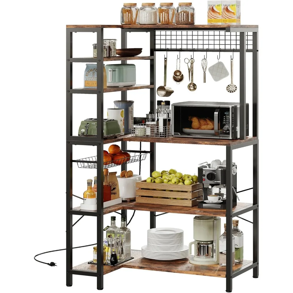 

Bakers Rack with Power Outlet, 5-Tier Corner Microwave Stand with Storage, Coffee Bar with 6 S-Shaped Hooks, Kitchen Shelves wi