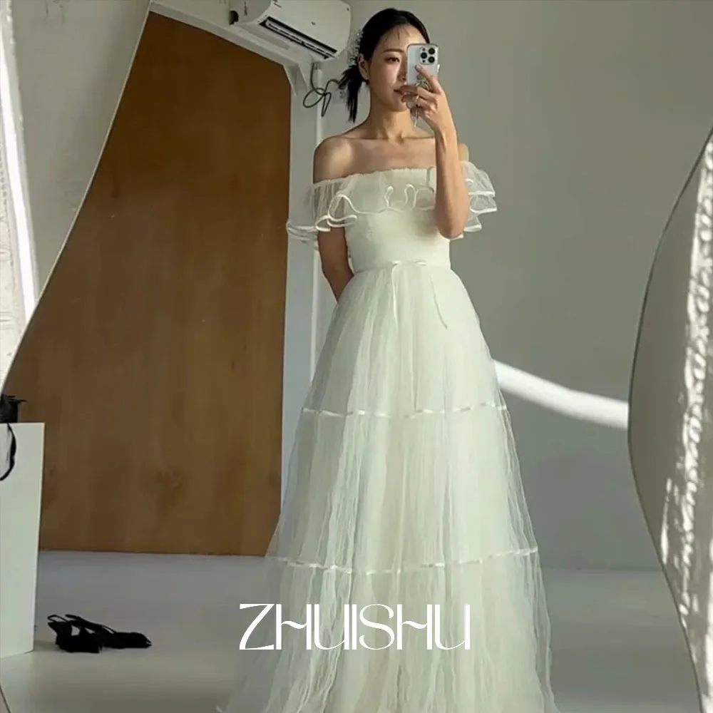 

ZHUISHU Off the Shoulder Ruffle Korean Wedding Dresses Boat Neck A-line Tulle Elegant Bride Gowns Wedding Photo Shoot Dresses