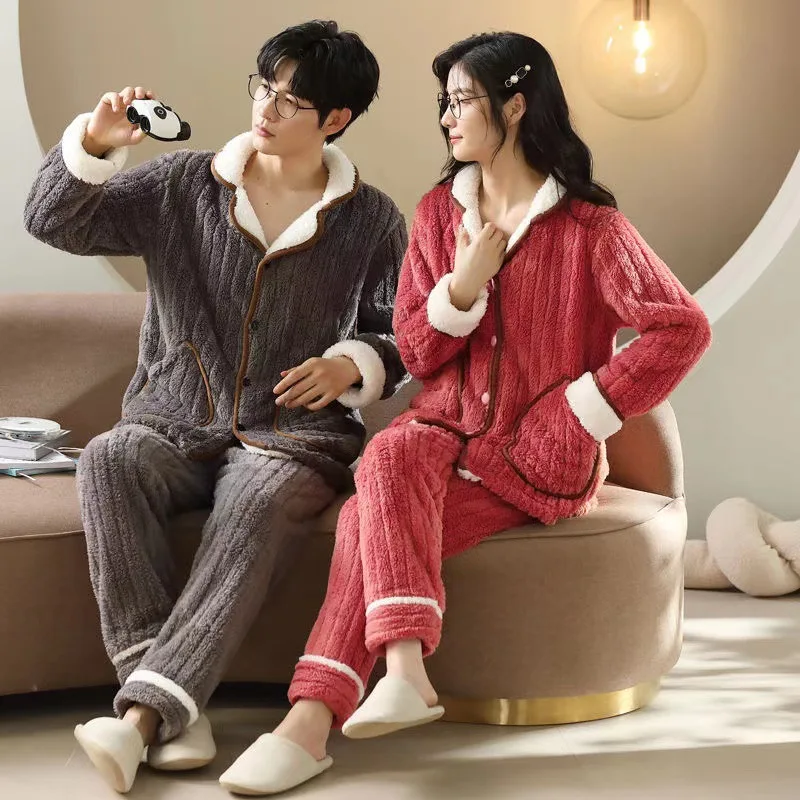 Both Men Women Pyjamas Winter Coral Velvet Thickened Fleece Long Sleeve Trousers Flannel Two-piece Set Cosy Thermal Pajamas