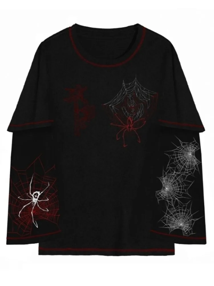 Deeptown Y2k Gothic Harajuku Spider T Shirt Women Goth Dark Streetwear Design Tees Black Long Sleeve Top 2023 Autumn Spring