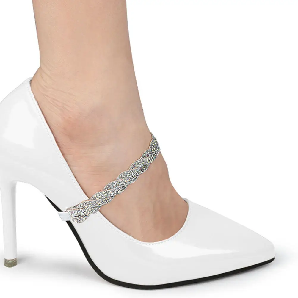 

4Pcs Anti-Slip High Heel Shoelace Straps Detachable Elastic Shoe Straps for Women Fix Loose Heels Decorative Pearl Rhinestone