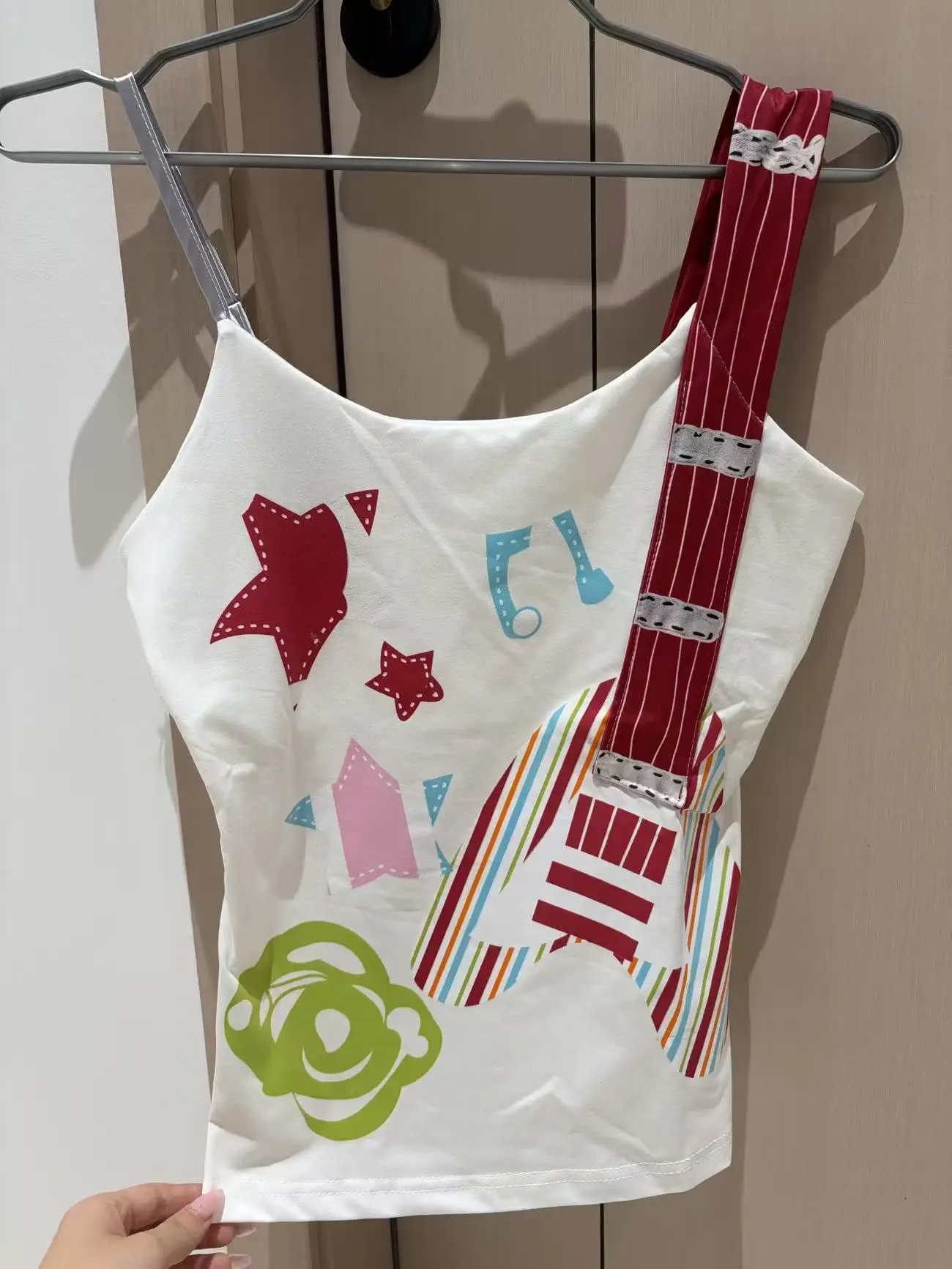 Asymmetric Spaghetti Strap Cami Top Guitar Star Note Rose Colorful Patchwork Print Slim Cropped Sleeveless Retro Rock Music Tank