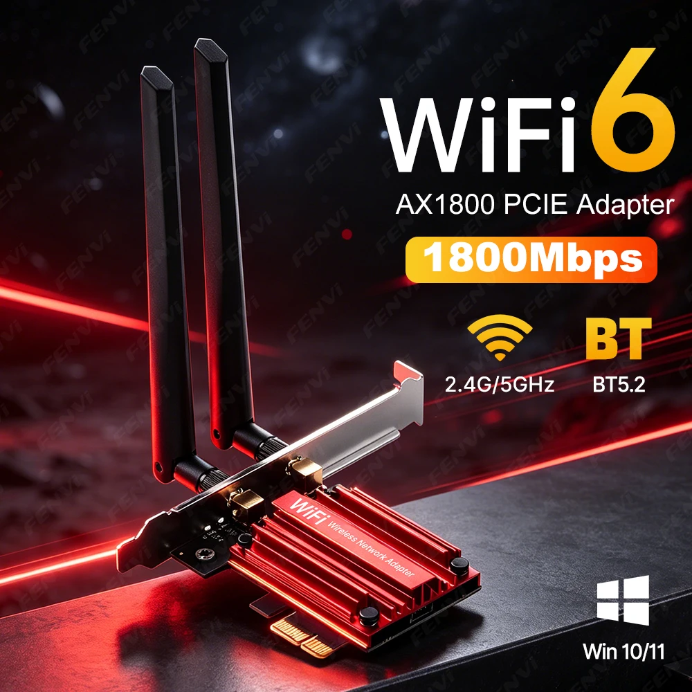 

WiFi 6 AX1800 PCIE Adapter BT5.2 Dual Band 5Ghz/2.4Ghz 802.11AX WiFi6 1800Mbps Wireless Network Card For Desktop PC Windows10/11