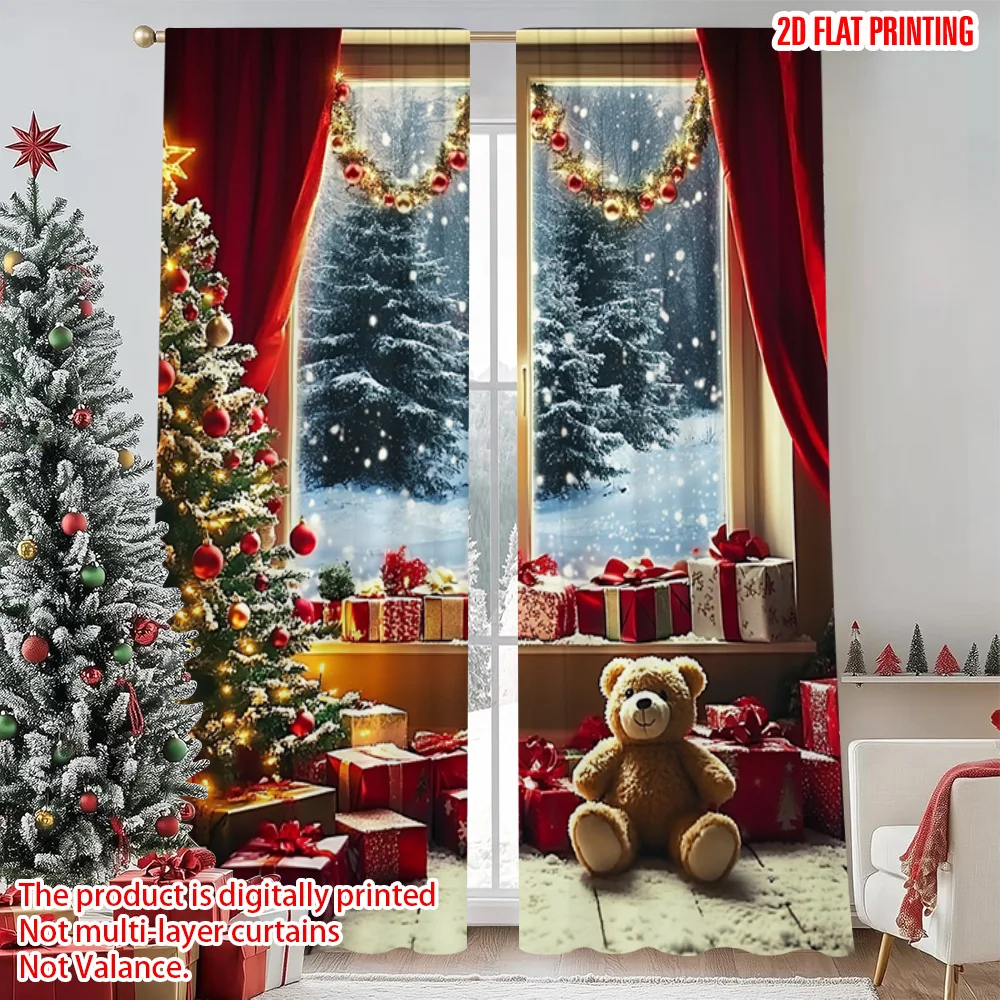

2pcs 2D flat printing Christmas Window Drapes Christmas on Versatile 100% Polyester Without Electricity Versatile Use for