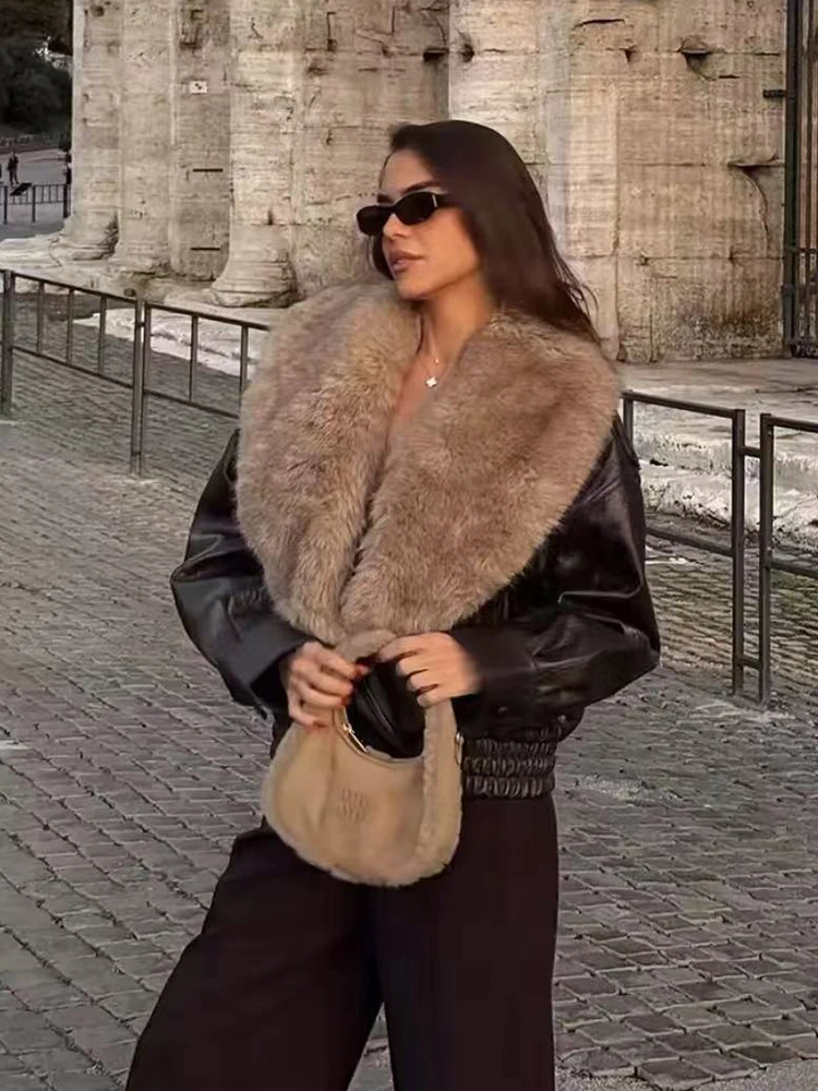 سترات نسائية كلاسيكية بياقة من الفرو الصناعي الدافئ موضة شتاء 2025 معاطف فضفاضة من الجلد الصناعي معطف نسائي أنيق #4