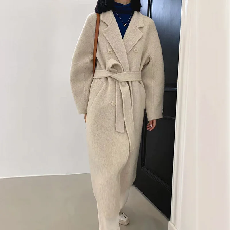 

2023 Autumn Women Drouble Breasted Woolen Coat With Belt Mulberry Silk Cashmere Winter Clothes Long Coats Tops New