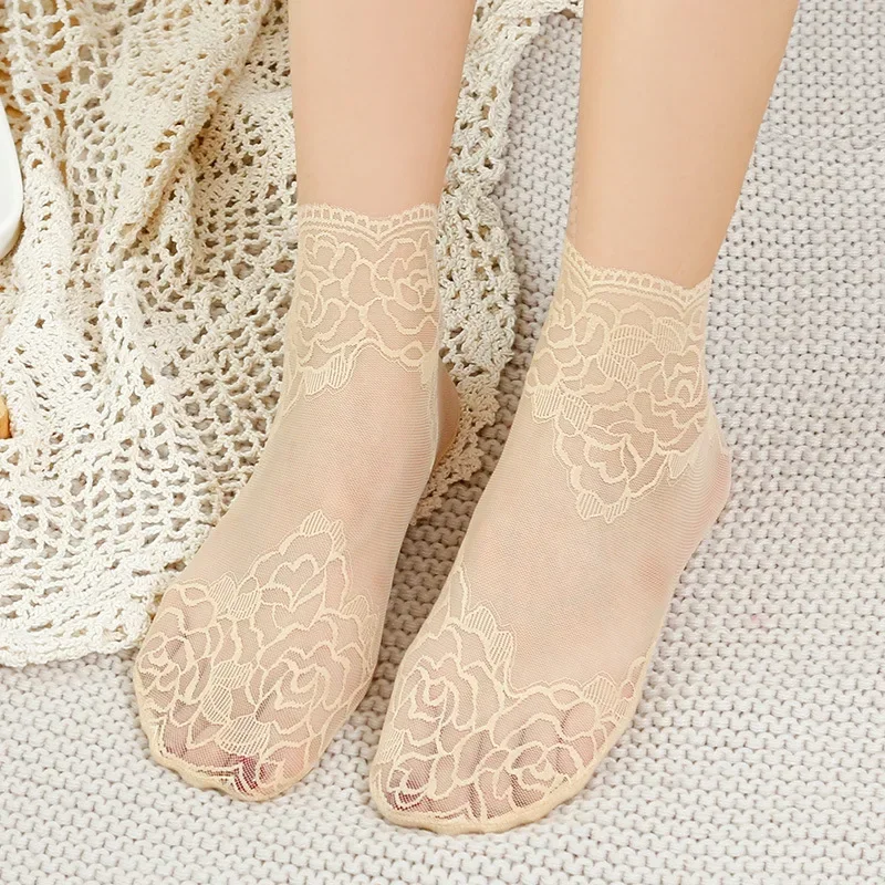 5/10 Pairs Women's Breathable Mesh Low Cut  Ankle Socks Slippers Female Anti-Slip Sexy Short Socks Hollow Lace Flower Boat Socks