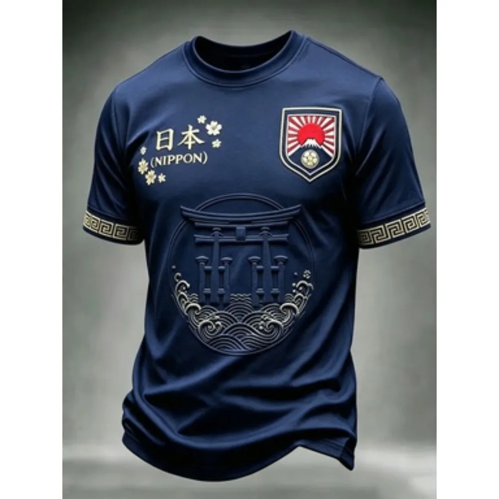 Unisex Japan Soccer Jersey Navy Emboss Torii Gate Wave Prints Nippon Text Sakura Shield Cuffs 2026 Crest Fan Football Shirt