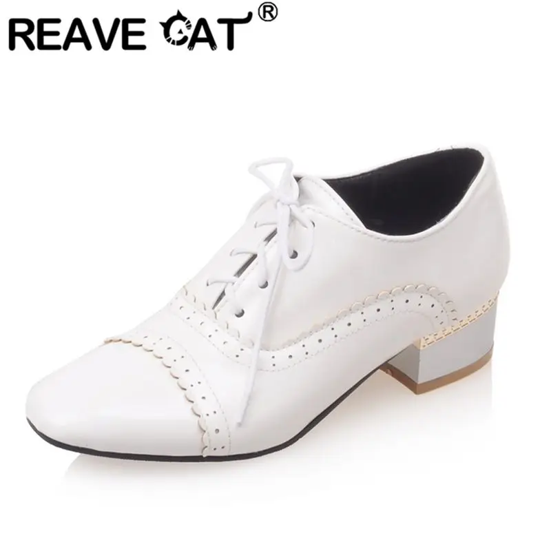 

REAVE CAT 2025 New Design Shiny Female Pumps Square Toe Thick Heels 4cm Lace Up Plus Size 43 44 45 46 Casual Daily Women Shoes