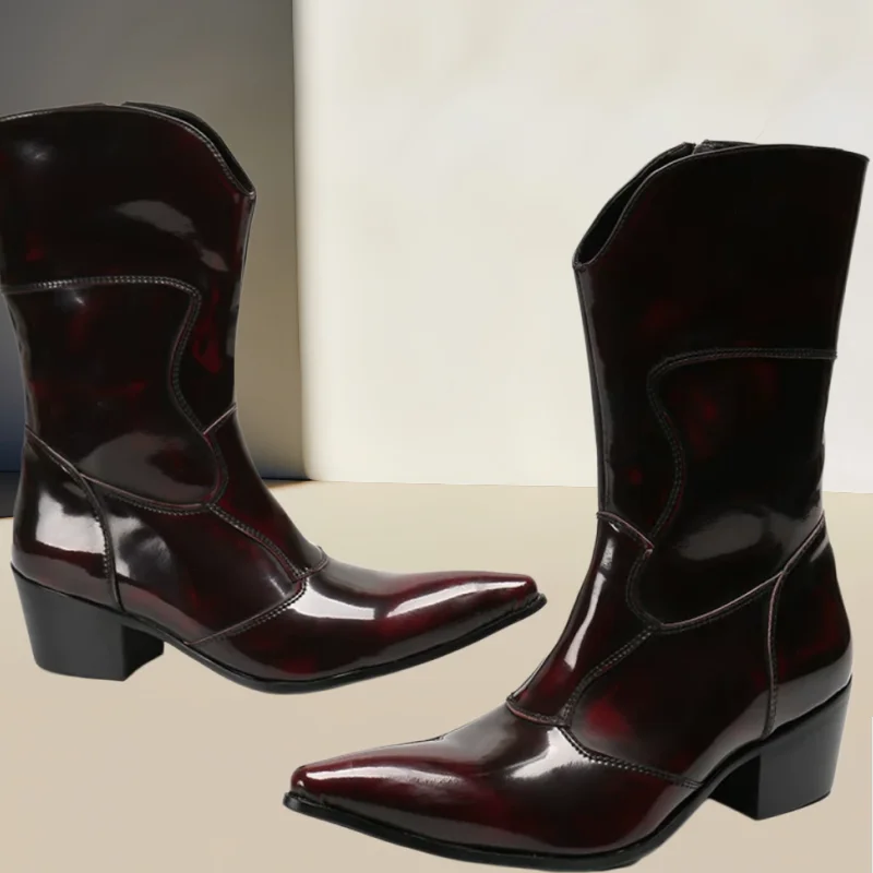 Stitching Shoes for Males Pointed Toe Chunky High Heels Patent Leather Men Short Boots Sewing Lines Chassure Hommes Mixed Color