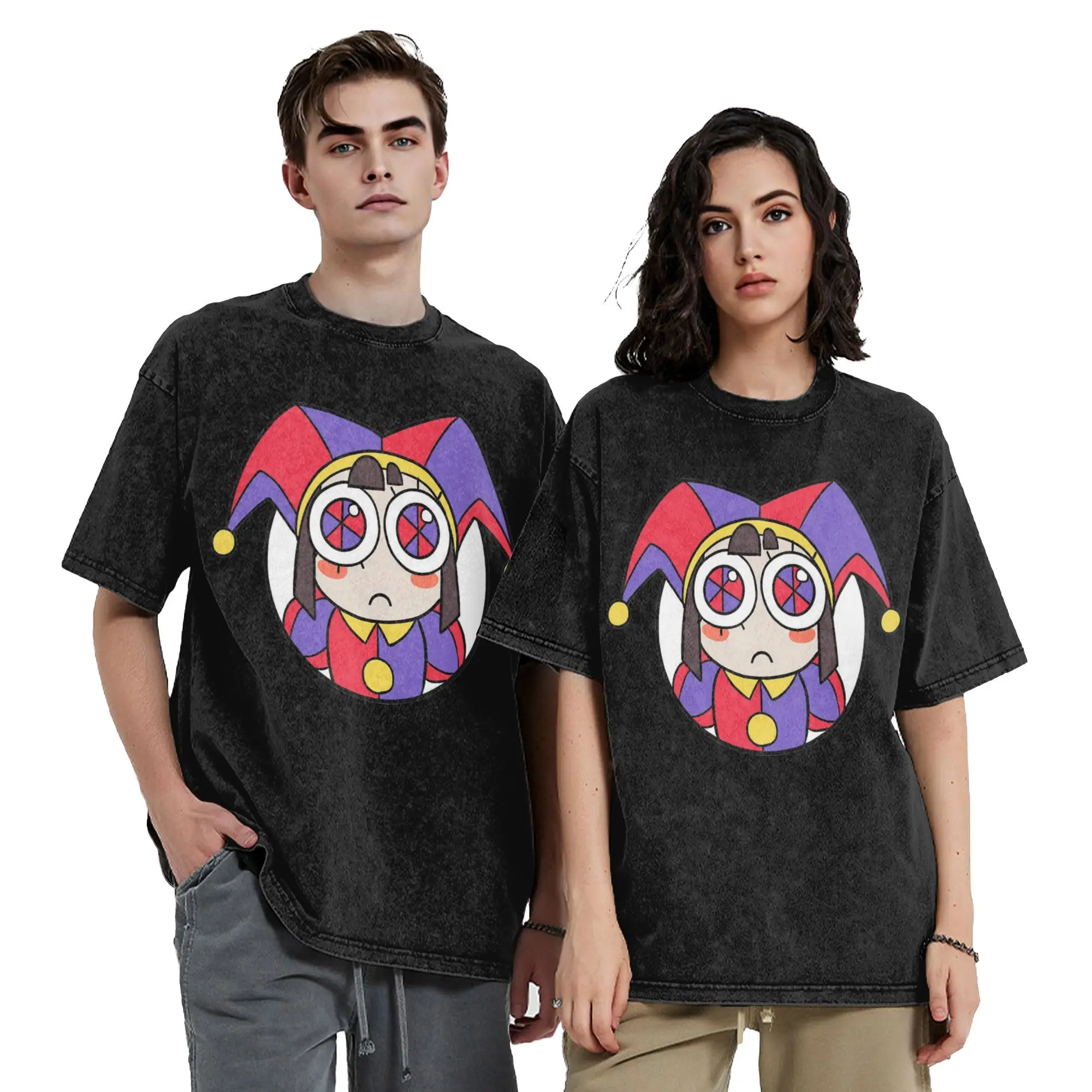 Pomni Head Washed T Shirts Streetwear T-Shirts Cartoon Digitals Circus Tee Shirt for Men Women Short Sleeve Street Graphic