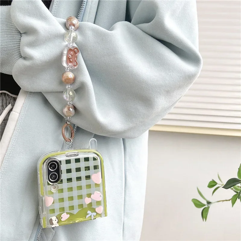 Bonita funda de teléfono verde a cuadros con perro para Samsung Galaxy Z Flip 6 5 4 3, funda trasera protectora para ZFlip4 ZFlip5 ZFlip6