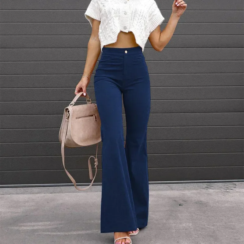 Women Pants Elegant Corduroy Autumn Winter Fashion Slim Casual Female New Solid Mid-waist Street Long Flare Clothing Lugentolo